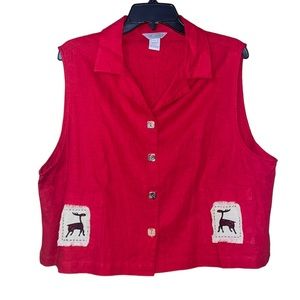 •STONEBRIDGE•VINTAGE RED LINEN & RAYON MOOSE POCKET BUTTON UP BLOUSE SIZE XL